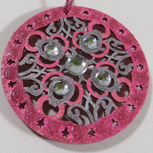 Circle Medallion Laser Cut Wooden Ornament with Rhinestones, Hangs - Picture 2 of 7